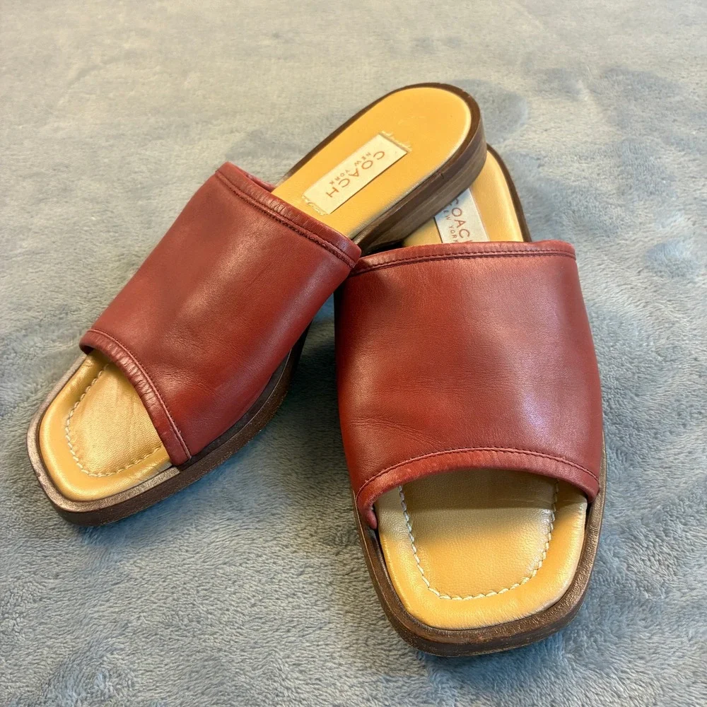 Coach Red Leather Slide Sandals Made in Italy Square Toe Flat Mules Women's 7B
